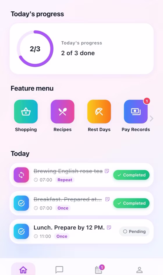 MyRoutiq home screen showing today's progress, feature menu, and task list